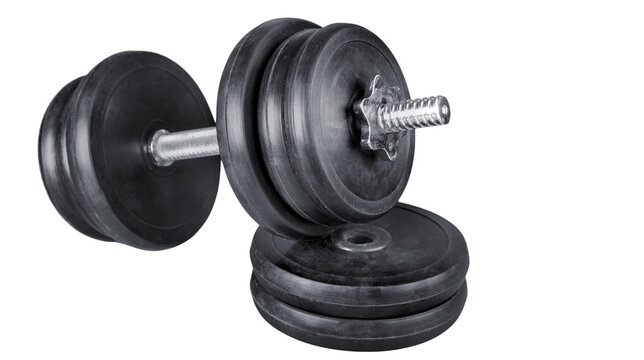 Adjustable black dumbbells with removable weight plates representing strength training, fitness equipment and home workout gear, isolated on transparent background, PNG.
