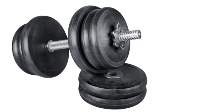 Adjustable black dumbbells with removable weight plates representing strength training, fitness equipment and home workout gear, isolated on transparent background, PNG.