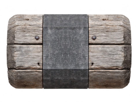 Old wooden beam with metal plate rustic texture weathered wood vintage construction aged timber industrial style isolated transparency background rough surface antique look horizontal orientation