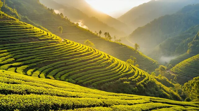 Vast green tea plantation at sunrise, rolling hills with neat rows of plants, golden sunlight rays breaking through mist, natural scenic beauty