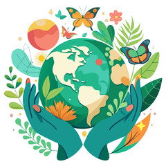 Hands holding planet earth with plants butterflies and sun isolated on transparent background