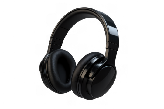 Black over-ear headphones providing personal audio experience and wireless music listening on a transparent background