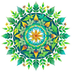 Green and yellow floral mandala with leaves isolated on transparent background