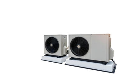Two air conditioning units, rectangular, with fans, side-by-side, mounted on a white base