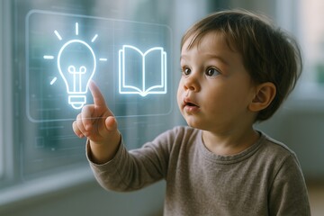 Child engages with futuristic holographic learning tools in a modern home setting