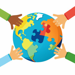 Diverse hands assembling a puzzle globe isolated on transparent background