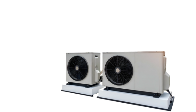 Two air conditioning units, rectangular, with fans, side-by-side, mounted on a white base