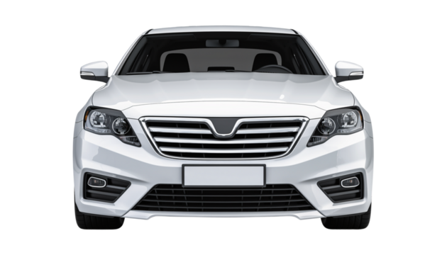 Front view of a modern white car isolated on transparent background, showcasing its sleek design and aerodynamic features for transportation needs