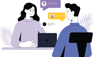 Business meeting illustration, modern office communication concept, two colleagues discussion, teamwork collaboration at workplace, flat design vector art