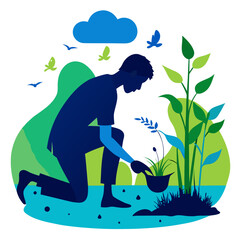 Man planting a small plant in a garden with butterflies and a cloud isolated on transparent background