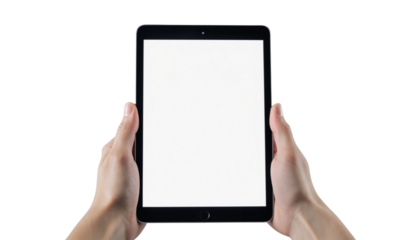 Man's hands holding a vertical tablet with a blank white screen for mockup. Isolated on transparent background, png