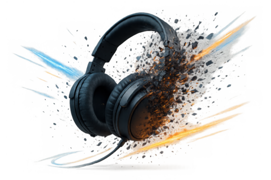 Headphones exploding with particles and energy, representing dynamic sound power, music experience, and audio technology on transparent background