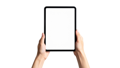 Hands holding a vertical tablet with a blank white screen for mockup. Isolated on transparent background
