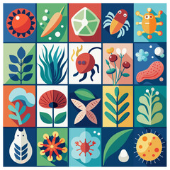 Collection of flat design icons of nature and abstract shapes isolated on transparent background