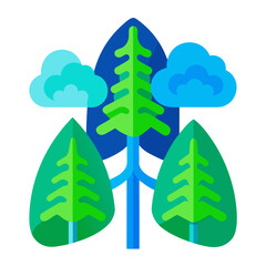 Stylized green trees and blue clouds isolated on transparent background