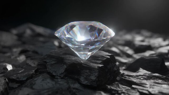 Brilliant diamond shining brightly on dark coal with vibrant light beams