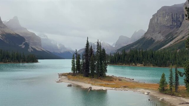 Spirit Island in autumn on Maligne Lake, Jasper National Park, Alberta, Canada