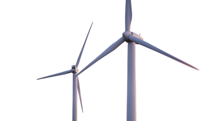 Two large wind turbines, silhouetted against a black background, blades extended