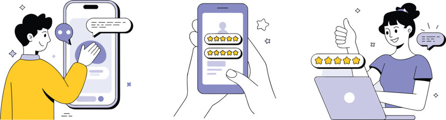 Customer feedback concept, online review system, five star rating, digital communication, mobile app interface, user satisfaction, positive feedback, technology illustration