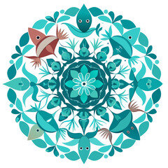 Marine life inspired mandala with fish and aquatic plants isolated on transparent background