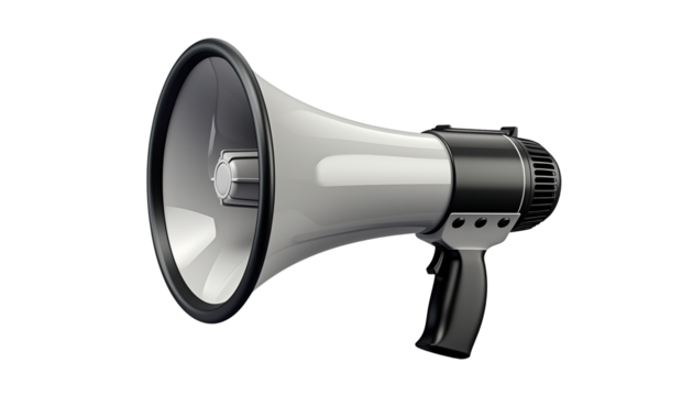 Red and white megaphone with black trim isolated on transparent background