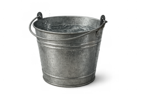 Metal galvanized bucket full of fresh water with ripples, reflecting light, ready for gardening or cleaning on a transparent background
