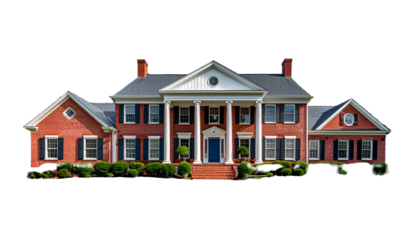 A stately, two-story brick residence with white columns, shutters, and a dark roof