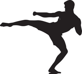 Black vector silhouette of a man and woman engaging in sport actions like running, karate, and dance