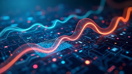 Create a futuristic digital data visualization interface that embodies the concept of data flow, analytics, and network connections. The scene features a dark b. - Powered by Adobe