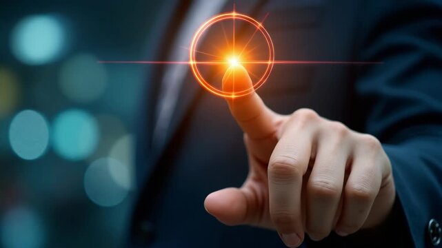 Close-up of a businessman's hand pressing a glowing digital button in a virtual interface. Innovative technology, digital transformation, and modern business solution concept.