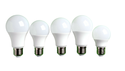 Five white LED light bulbs of varying sizes, lined up against a black background