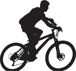 Black vector silhouette of a man riding a mountain bike against the sky, showing an extreme cycling adventure sport activity