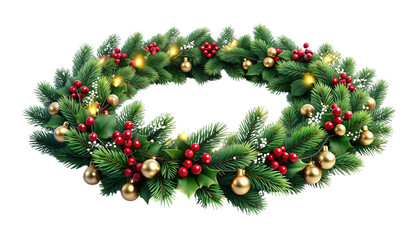 Photo of a horizontal christmas garland crafted from fir branches pinecones vibrant red berries and shiny red ornaments isolated on white isolated on transparent background