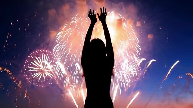 A joyful silhouette raises arms in celebration against a stunning backdrop of colorful fireworks exploding in the night sky. Ideal for themes of success, freedom, and festive events.