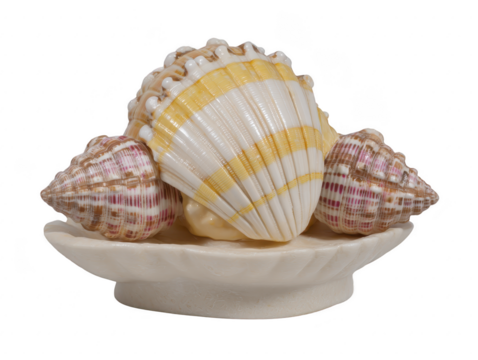 Seashell arrangement with yellow and brown striped shells on white ceramic dish, isolated on transparency background, evokes coastal and tranquil atmosphere, perfect for home decor accents