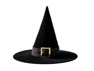 Witch's Hat: A classic black witch's hat with a pointed tip, wide brim, and a decorative buckle belt. A perfect symbol of Halloween.