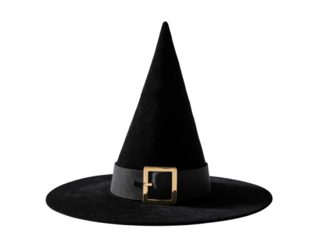 Witch's Hat: A classic black witch's hat with a pointed tip, wide brim, and a decorative buckle belt. A perfect symbol of Halloween.