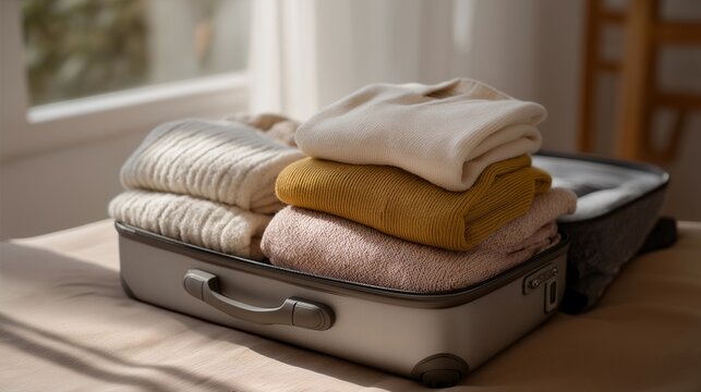 Detail shot of neatly packed suitcase with clothes and travel essentials — representing efficient packing, modern wanderlust, and aspirational travel photography for lifestyle blogs or social