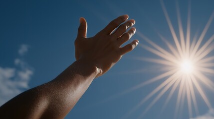 Silhouette of raised arm backlit by sun rays — symbolizing empowerment, optimism, achieving goals, and motivational imagery for wellness and personal development content. cinematic color