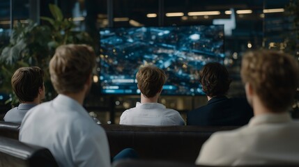 Fototapeta premium Corporate team gathered in sleek office setting, watching live NFT auction on massive digital screen, their faces illuminated by animated crypto graphics — representing digital investment trends,