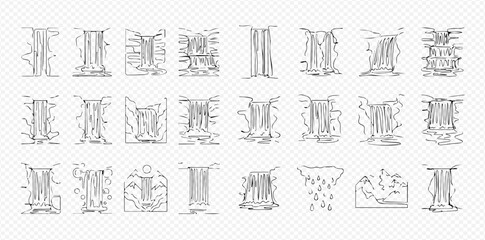 Collection of various waterfall and water stream line art illustrations.