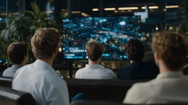 Corporate team gathered in sleek office setting, watching live NFT auction on massive digital screen, their faces illuminated by animated crypto graphics — representing digital investment trends,