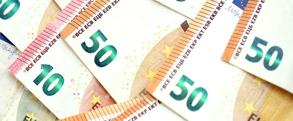 European Union Euro currency money bills. EUR currency banknotes in arrange with different denomination close up