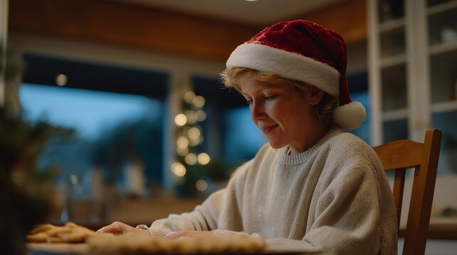 Flour-dusted Santa hat hanging from kitchen chair while grandfather and child decorate cookies — representing homemade Christmas spirit, family warmth, and nostalgic holiday memories. cinematic
