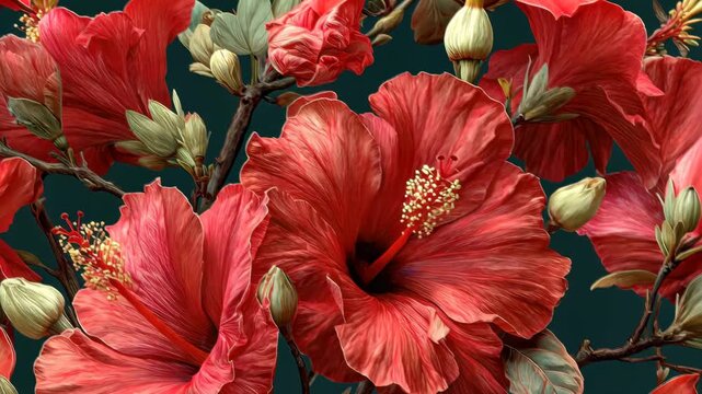 Vibrant hibiscus flowers blooming with rich colors in a lush garden setting showcasing nature's beauty and detail