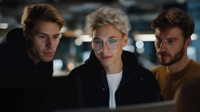 Wide-angle shot of engineering lab with team collaborating on 3D holographic stealth prototypes, symbolizing military innovation, collaborative R&D, and advanced tactical technology development.