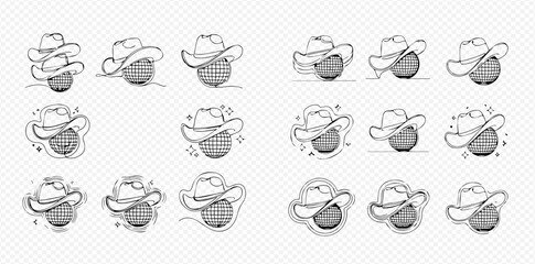 Set of hand-drawn line art cowboy hat illustrations with various doodle styles and decorative elements on a transparent background.