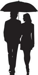 Silhouette illustration of a couple and a man standing with an umbrella, including a vector outline of a boy, woman, and other people