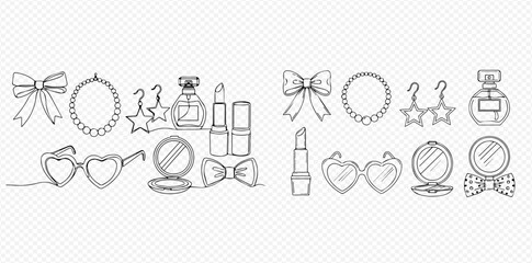 Continuous line art drawing of various fashion and beauty accessories including bows, necklace, star earrings, perfume, lipstick, heart sunglasses, and compact mirror.