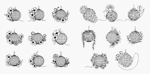 Set of elegant line art illustrations featuring disco balls adorned with various floral and botanical elements, perfect for decorative designs.